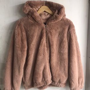French Connection Rose Pink Faux Fur Hooded Zip-up